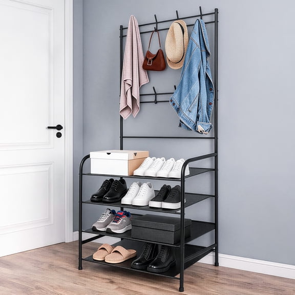HioHa Shoe and Coat Rack, Freestanding Hall Tree with 8 Double Hooks, Metal Shoe Storage Organizer for Entryway Hallway, Black
