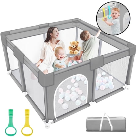 HioHa 52" x 52" Baby Playpen, Portable Play Yard with Sturdy Steel Frame & Breathable Mesh, Indoor Outdoor Baby Play Area