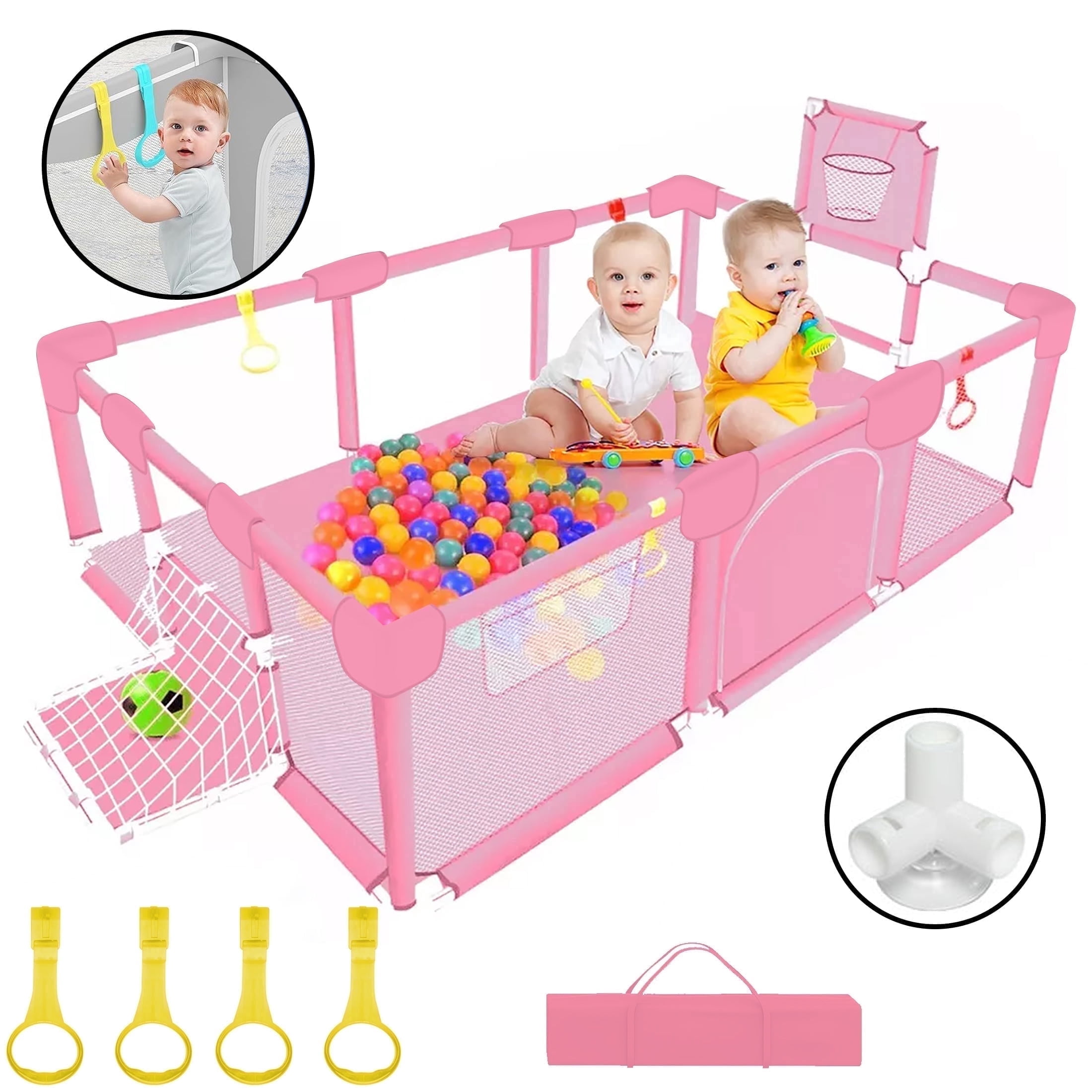 HioHa Large Baby Playpen, Big Baby Playard with Basketball Hoop, 71 inch Portable Play Yard Baby Fences with Storage Bag for Infant Toddler