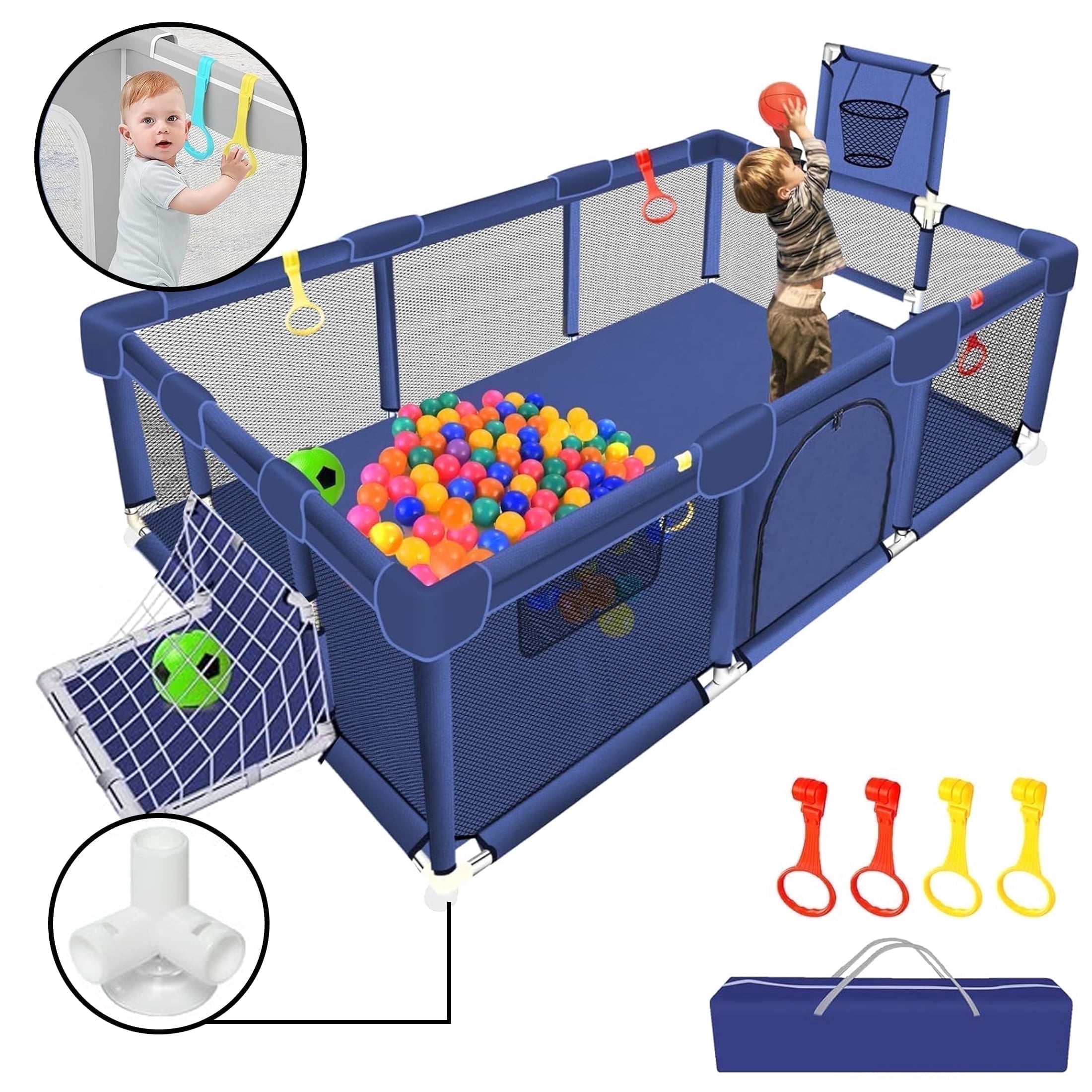 HioHa Large Baby Playpen, Big Playard with Basketball Hoop, Portable Play Yard Baby Fences with Storage Bag for Infant Toddler