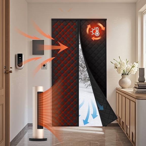 HioHa Insulated Thermal Door Curtain 38x80 Inch, Magnetic Draft Blocker for Sliding Glass & Patio Doors, Black