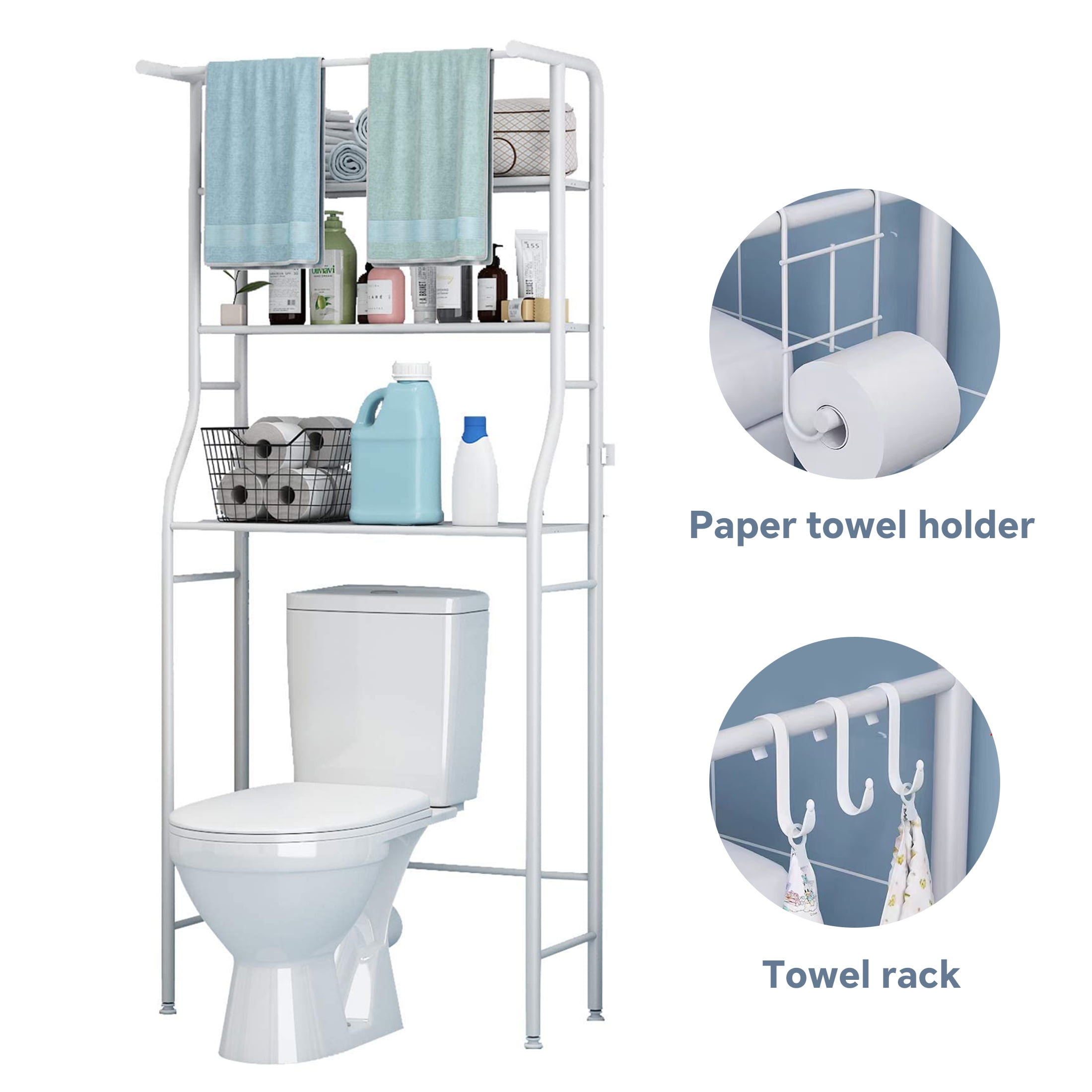 HioHa Over the Toilet Storage, Bathroom Organizers and Storage Shelf with Hanging Rod Paper Holder and 3 Hooks, Freestanding Toilet Rack Space Saver, White