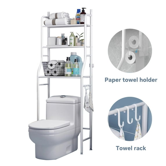 HioHa over the Toilet Storage Rack, 3-Tier Bathroom Shelf Organizer, Space Saver Corner Stand for Towels & Toiletries, 22" Wide, Metal Frame, White