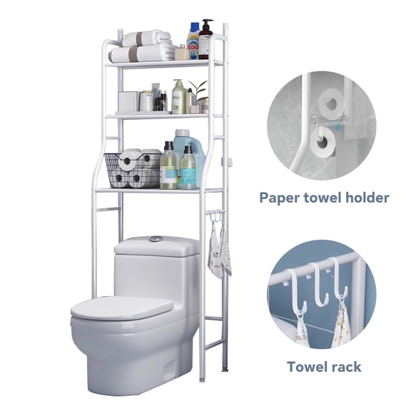 HioHa Over the Toilet Storage, 3-Tier Bathroom Organizer with Paper Holder & 3 Hooks, Sturdy & Stable Freestanding Space Saver Toilet Rack, White