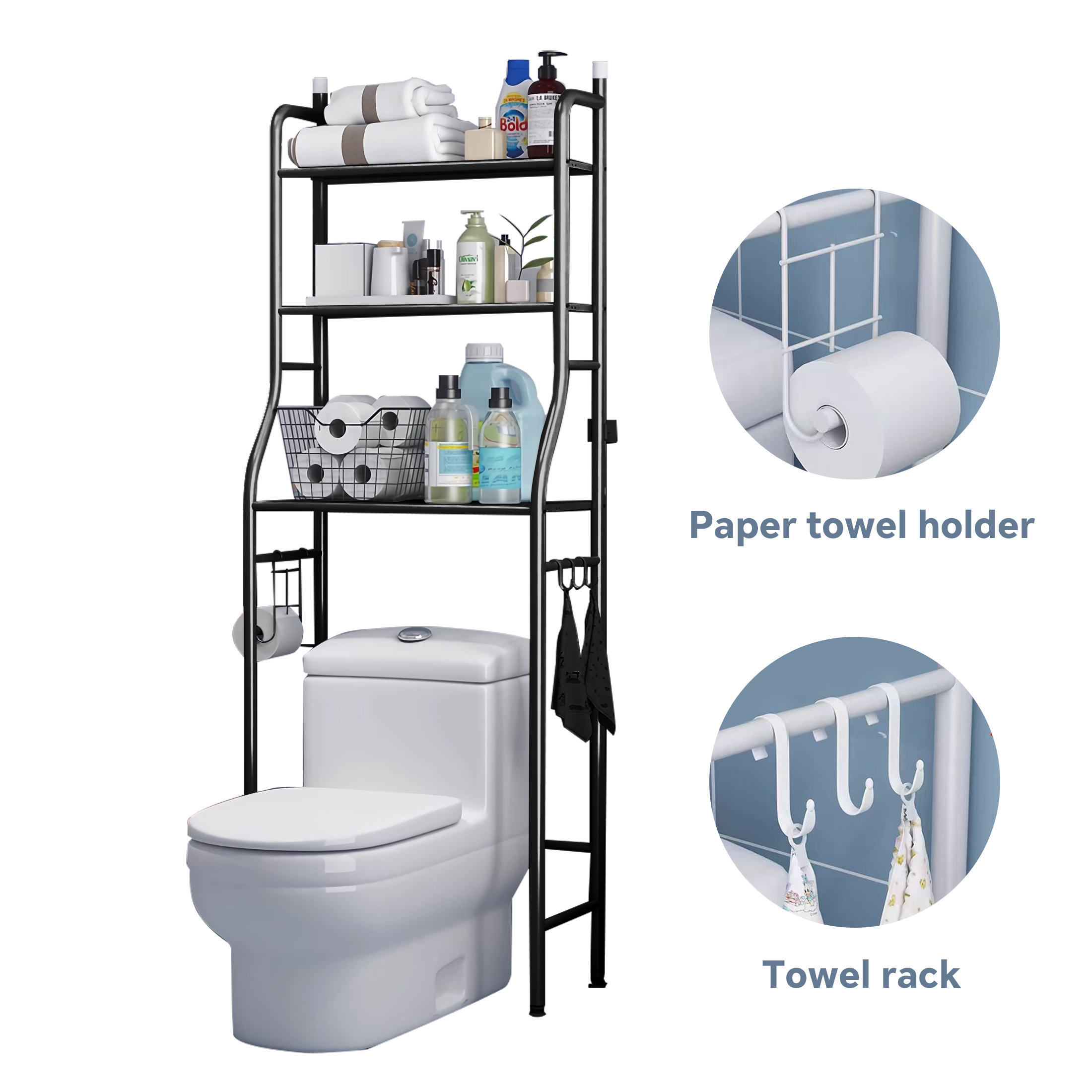 Segawe Over The Toilet Storage Rack – 3-Tier Bathroom Shelf Organizer, Rustic Brown/Black