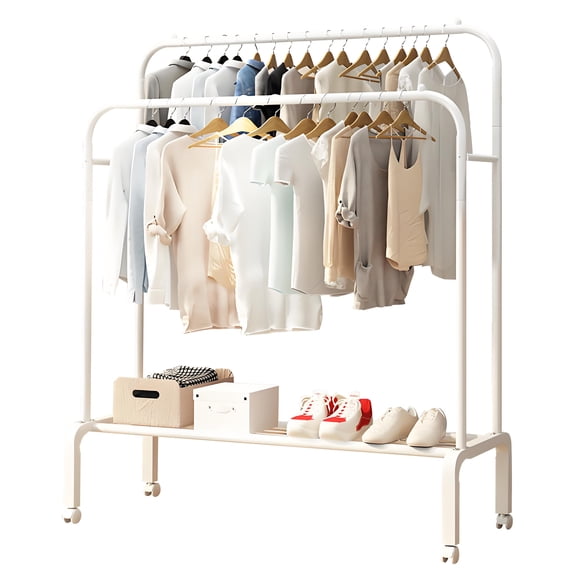 HioHa Rolling Clothes Rack with Wheels & Side Hooks, Double Rail Metal Garment Rack for Closet, Bedroom, Dorm, Laundry Room