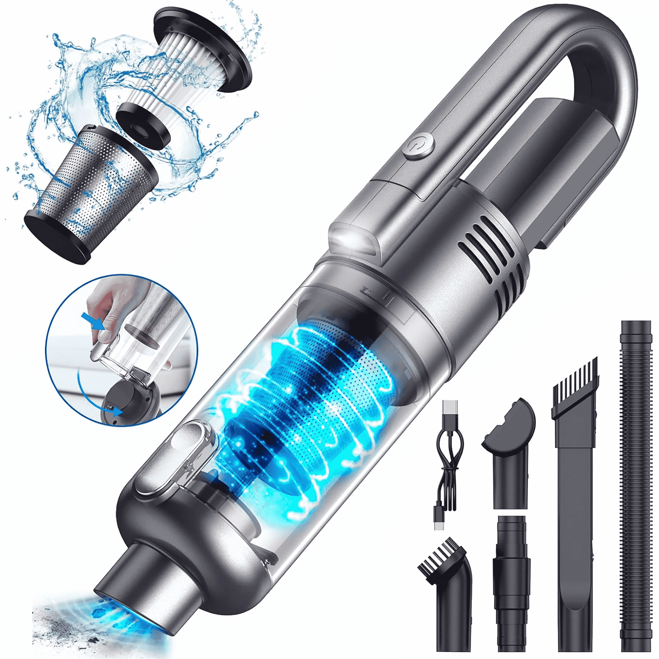 SIMWAL SV01 Cordless Handheld Vacuum, 12V, HEPA Filter,Strong Suction Rechargeable Car Vacuum with LED Light,Lightweight Vacuum Cleaners with Multiple Attachments for Dust, Pet Hair