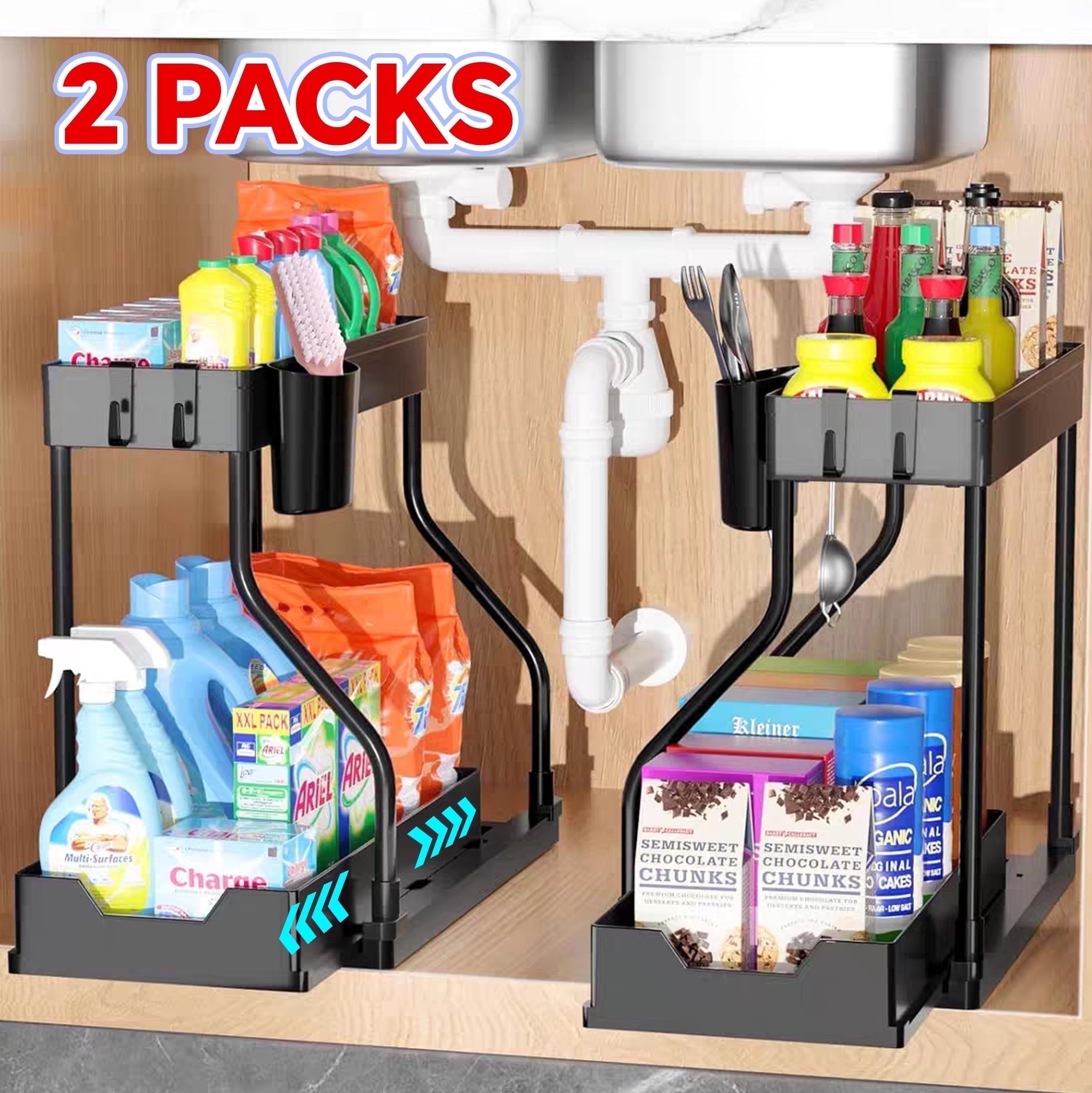 HIOHA 2-Pack 2-Tier Under Sink Pull-Out Cabinet Organizer for Kitchen and Bathroom, L-Shaped Narrow Space Shelves