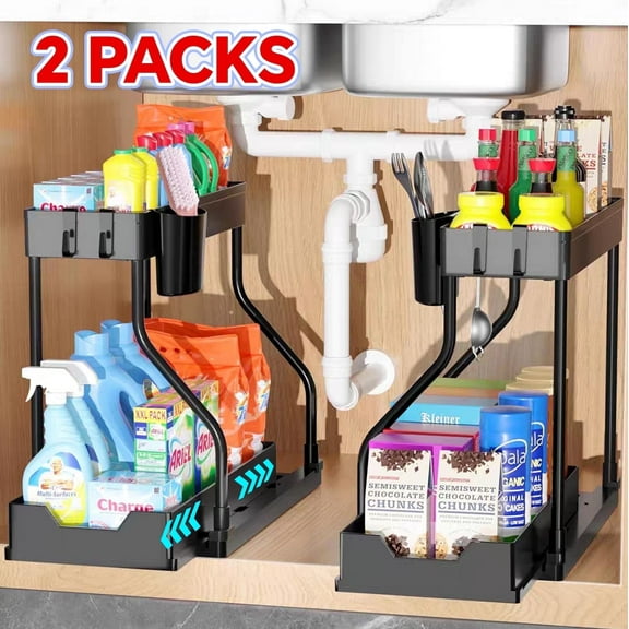 HIOHA 2-Pack 2-Tier Under Sink Pull-Out Cabinet Organizer for Kitchen and Bathroom, L-Shaped Narrow Space Shelves