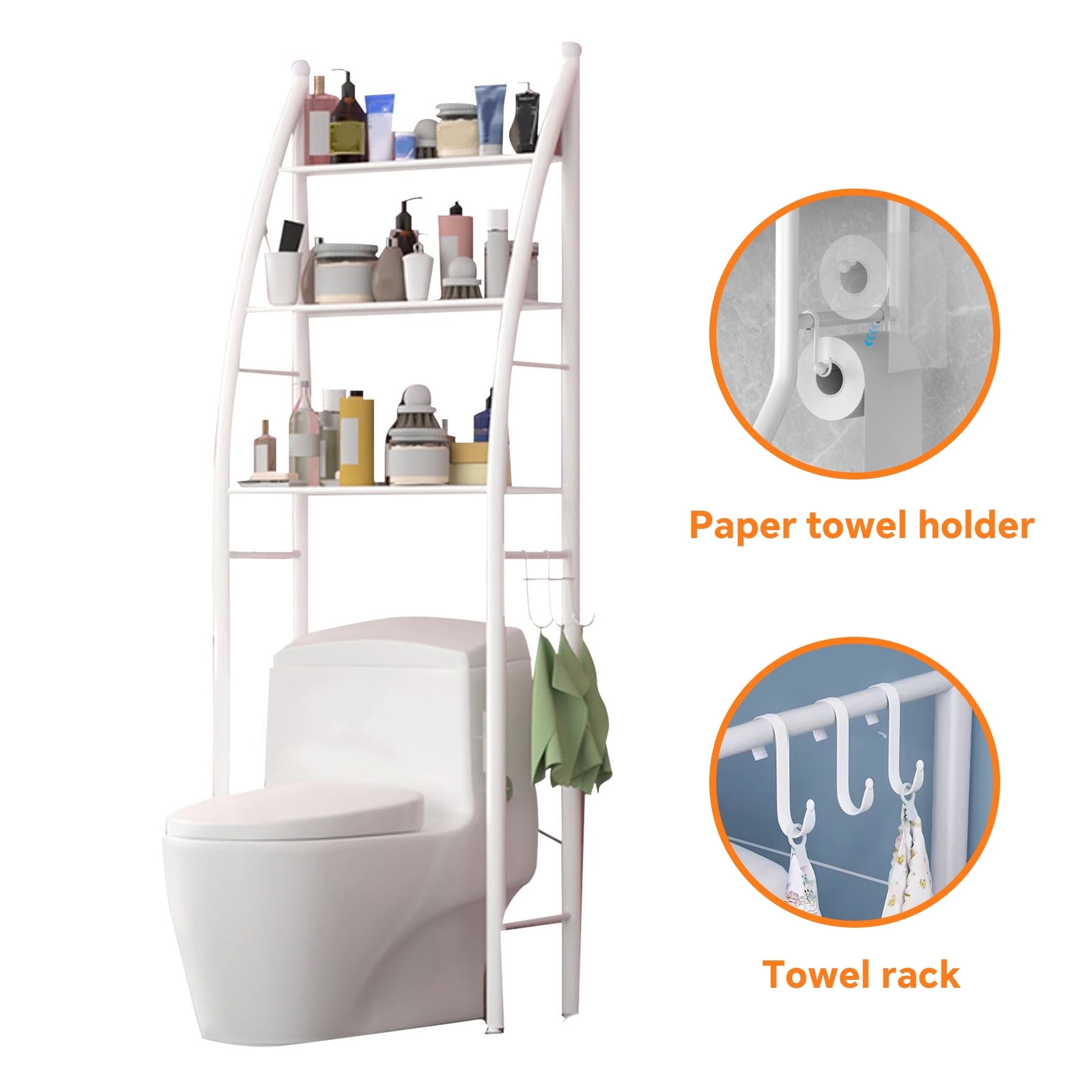 HIOHA 3-Tier Over Toilet Storage Rack with Toilet Paper Roll Holder & 4 Hooks, Steel Bathroom Space Saver Organizer, White