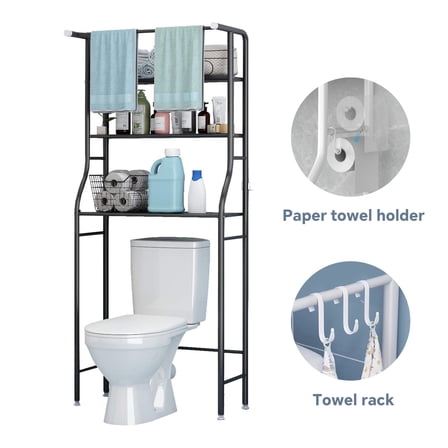 HioHa Over the Toilet Storage, Bathroom Organizers and Storage Shelf with Hanging Rod Paper Holder and 3 Hooks, Freestanding Toilet Rack Space Saver, Black
