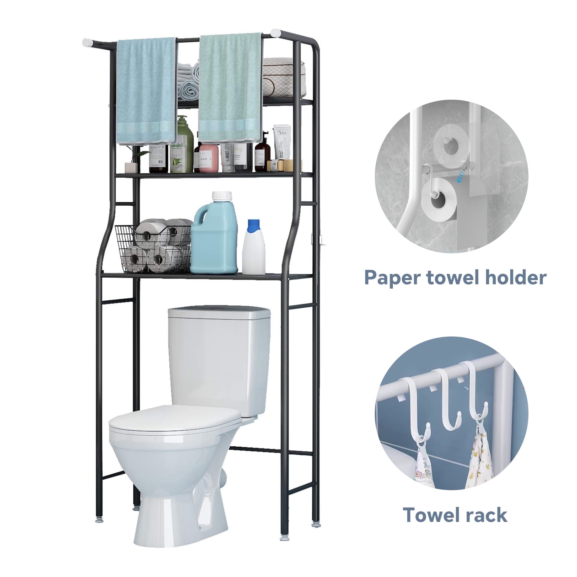 HioHa Over the Toilet Storage, 3-Tier Bathroom Organizer with Paper Holder & 3 Hooks, Sturdy & Stable Freestanding Space Saver Toilet Rack, White