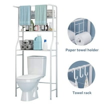 HioHa Over the Toilet Storage, Bathroom Organizers and Storage Shelf with Hanging Rod Paper Holder and 3 Hooks, Freestanding Toilet Rack Space Saver, White