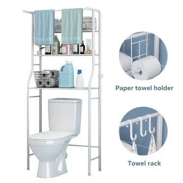 HioHa Over the Toilet Storage, Bathroom Organizers and Storage Shelf with Hanging Rod Paper Holder and 3 Hooks, Freestanding Toilet Rack Space Saver, White