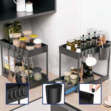 HioHa Under Sink Organizer, 2 Tier Under Sink Storage for Narrow Space, Pull Out Cabinet Organizer with 8 Hooks for Kitchen Bathroom, 2PCS