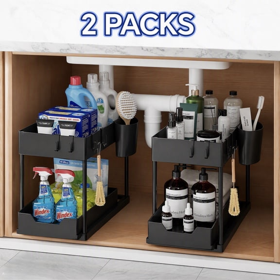 HioHa Under Sink Organizer, 2 Pack Pull Out Cabinet Organizer with Hooks, Sliding Metal Storage Shelf for Kitchen and Bathroom, Black
