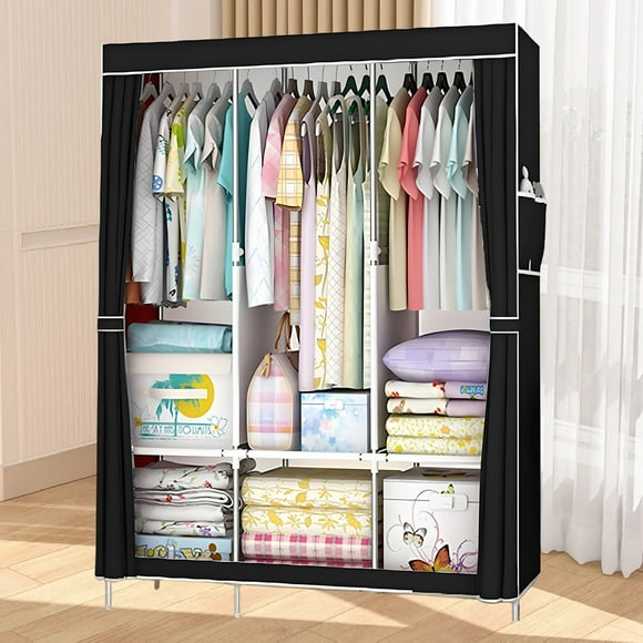 HioHa Wardrobe Closet, Portable Closet with Thickened Steel Pipe Steel Pipe, Clothes Storage Organizer with 3 Hanging Rods and 6 Storage Shelves and Side Pockets