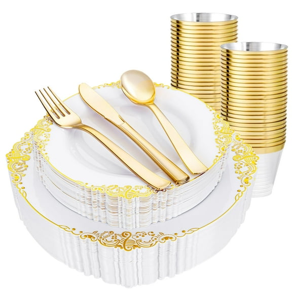 Hioasis 150PCS White and Gold AFN1Plate & Gold Silverware&Disposable Dinnerware Set - Include 25Dinner Plates,25Dessert Plates,25Forks,25Spoons,25Knives,25Cups for Party & Father's Day