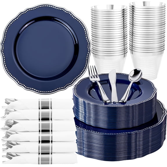 Hioasis 175pcs Blue Silver Plastic Plates - Silver Plastic Dinnerware Set Includes 25 Dinner Plates, 25 Dessert Dinnerware, 25 Cups, 25 Napkins Perfect for Wedding & Party Y101