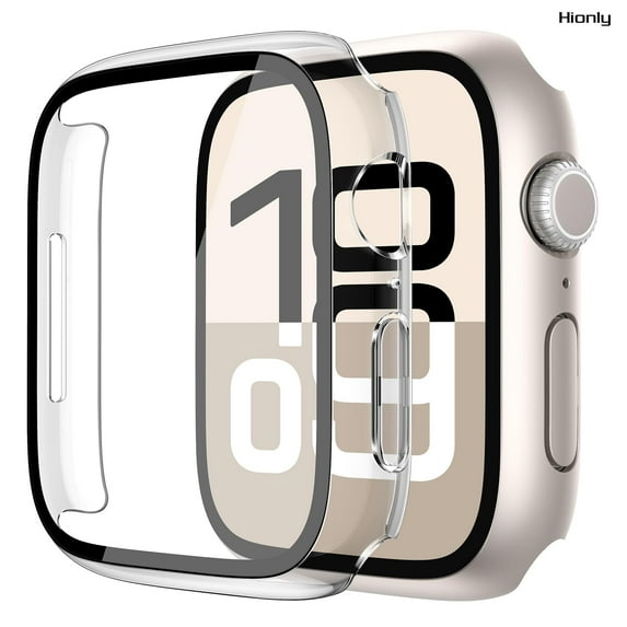 Hionly 2 Pack Case Built in Tempered Glass Screen Protector Compatible with Apple Watch Series 10 (2024) 46mm, Hard PC Case Overall Protective Cover - 1 Starlight + 1 Transparent