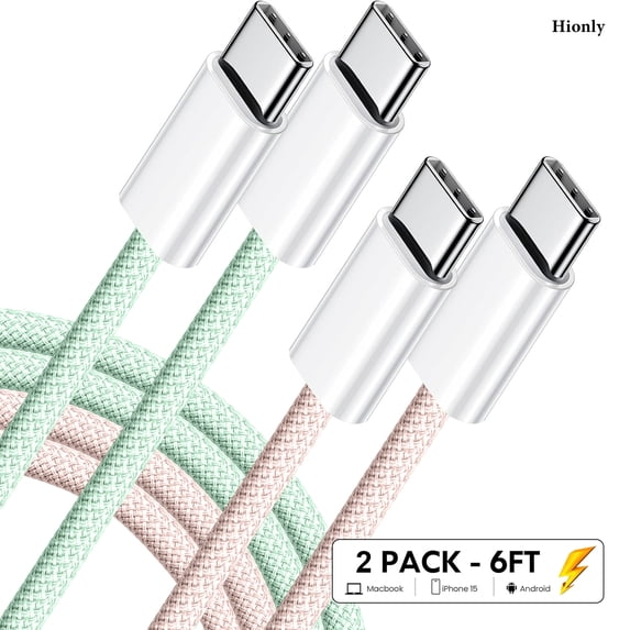 Hionly 6' Type C to Type Cable Colorful Nylon Braid Charging Cord, Pink & Green, 2 Pack