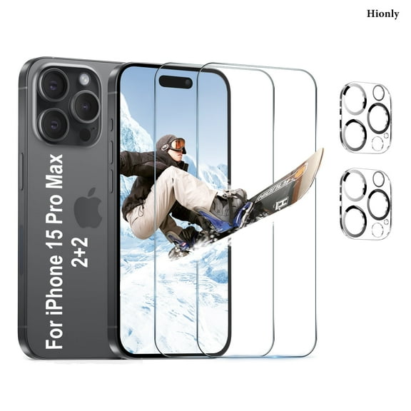 Hionly Tempered Glass Screen & Camera Lens Protector for iPhone 15 Pro Max 6.7", 2 Pack