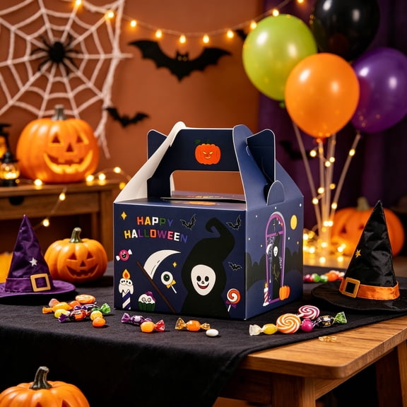 Hioyaky 10Pcs Halloween Themed Treat Box With Cute Cartoons Prints Portable Paper Candy And Cookies Container For Party Favors And Holiday Gifting