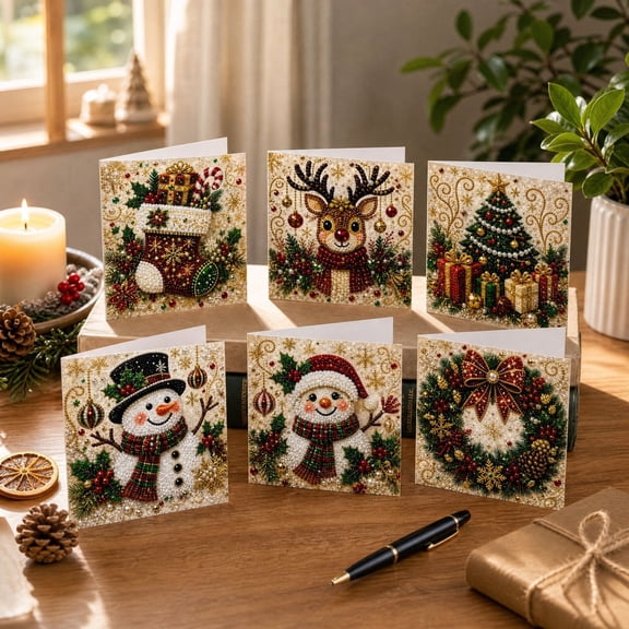 Hioyaky 6Pcs Diy Christmas Diamond Art Paintings Greeting Cards, Handmade Diamond Art Holiday Cards, Xmas Invitation Cards For Family Friends Christmas Gift