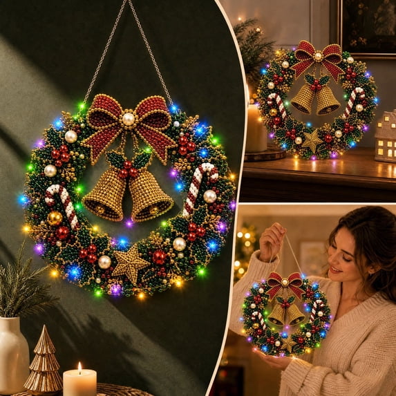 Hioyaky Diy Christmas Wreath Diamond Art Crafts Kit With Led Lights Pearl Rhinestone Art Pendant Ornament For Wall Decor Gift