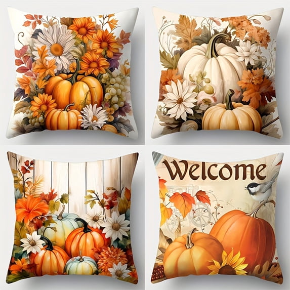 Hioyaky 4pcs Fall Thanksgiving Pillow Covers Fall Pumpkin Decorative Pillow Cases With Soft Fabric Hidden Zipper For Home Decor, 17.7X17.7 Inches