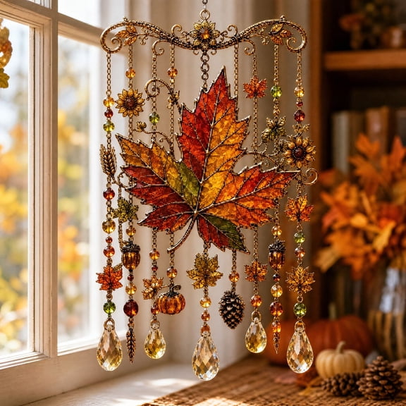 Hioyaky Fall Wind Chimes Ornaments, Thanksgiving Themed Acrylic Wind Chimes Sun Catchers, Fall Halloween Hanging Decorations for Window, Garden, Indoor Outdoor House Decor
