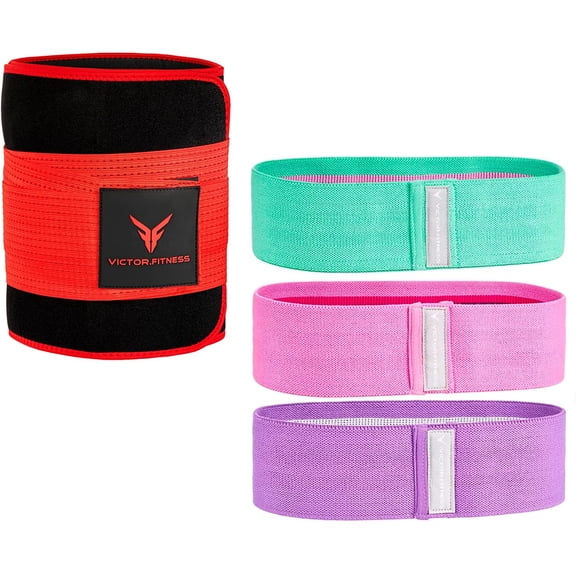 Hip/Booty Band 3-Pack | 3 Levels of Resistance | Non-Slip Fabric for Squats, Lunges, Butt/Glutes + Red and Black Small Waist Trimmer
