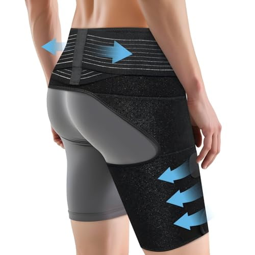 Hip Brace for Women & Men, Sciatica Pain Relief Devices, Adjustable Compression Wrap Support for Arthritis, Pulled Thigh, Hip Fler Strain, Groin Injury, Hamstring Pull (Black, Right)