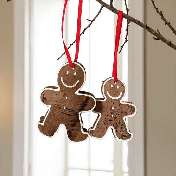 Hip & Chic Handmade Set Of 2 Coconut Shell Gingerbread Man Ornaments - Smiling Face Design - Eco-Friendly Christmas Dcor
