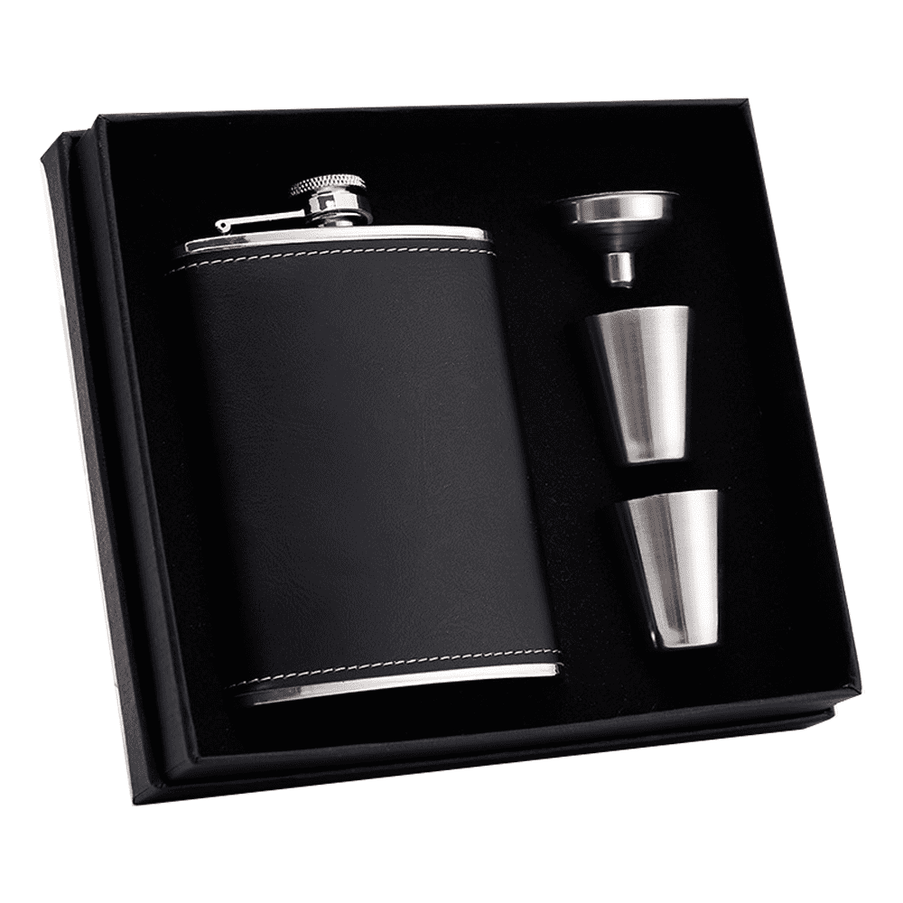 Hibernian Hip Flask Gift Set - 6oz Stainless Steel Flask With Shot Cups & Wooden Box
