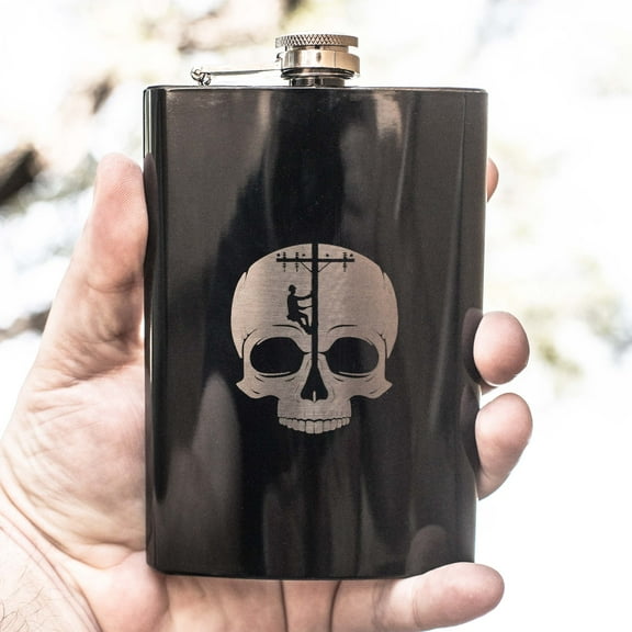 Hip Flask Plus 8oz BLACK Lineman Skull Flask - Leak-Proof & Skull Design