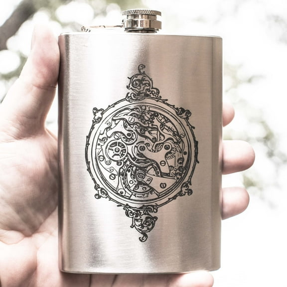 Hip Flask Plus 8oz Steampunk Clockworks Flask - Leak-Proof
