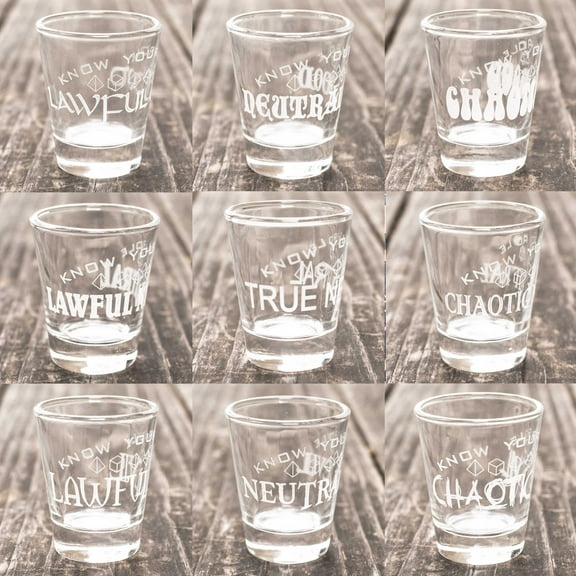 Hip Flask Plus Know Your Role - Character Alignment - Set of 9 Shot Glasses