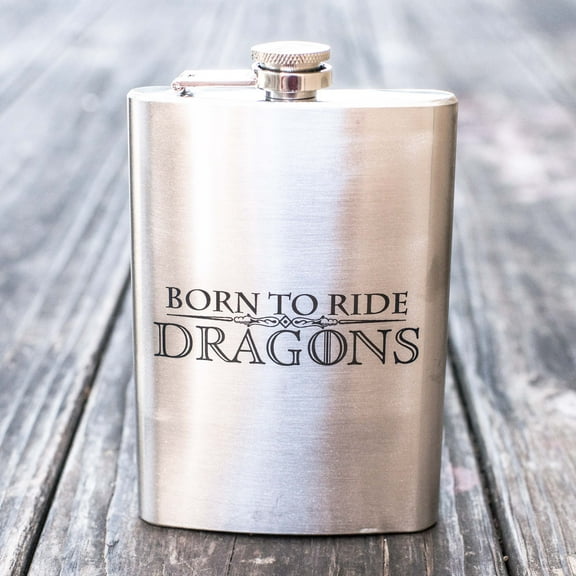 Hip Flask Plus Stainless Steel 8oz Black Flask - Born to Ride Dragons