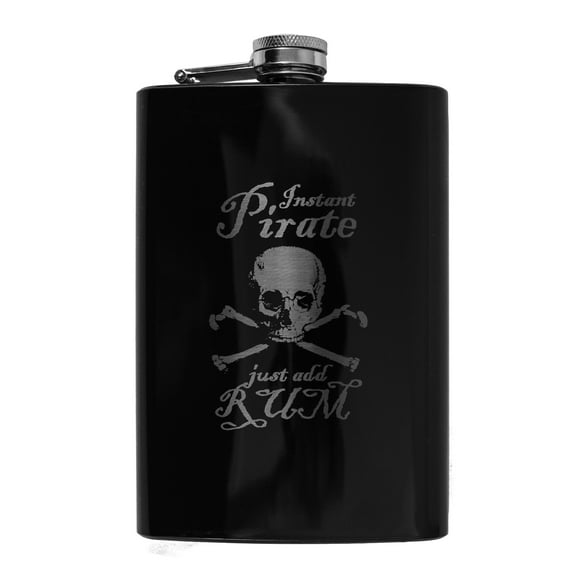 Hip Flask Plus Stainless Steel 8oz Black Flask - Instant Pirate Just Add Rum