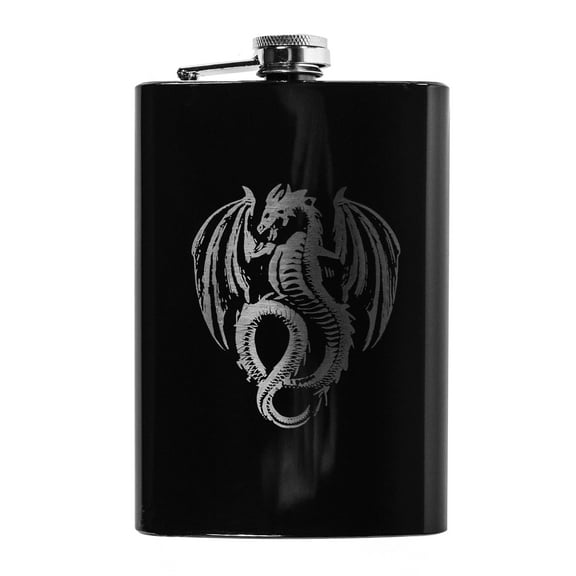 Hip Flask Plus Stainless Steel 8oz Black Flask - Vintage Flying Dragon