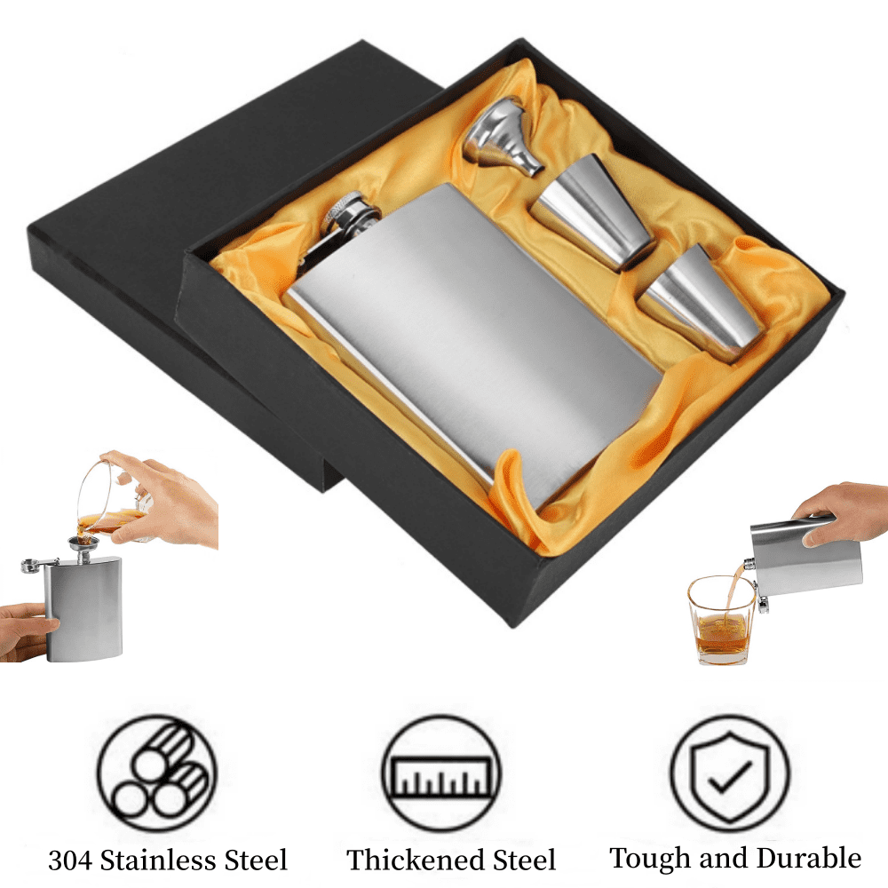 Hip Flask Set Stainless Steel Flasks for Liquor with Funnel and 2 Cups, Leakproof Silver Whiskey