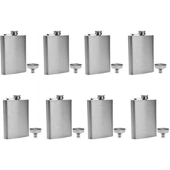 Hip Flask Stainless Steel Leakproof with Funnel ,8 Oz, Set of 8