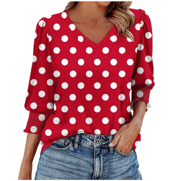 fatyb Womens Casual Tops 3/4 Length Puff Sleeve Printed Blouses Dressy V Neck Loose Tunic Tee for Women