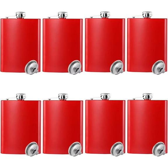Hip Flask for Liquor Matte Red Stainless Steel Leakproof with Funnel,8 Oz, Set of 8