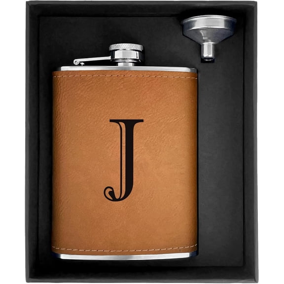 Hip Flasks for Liquor for Men Leather Drinking Whiskey Flask with Initials Engraved Stainless Steel with Funnel 8oz Groomsmen Gifts Personalized Christmas Birthday Gifts for Him Dad Letter J
