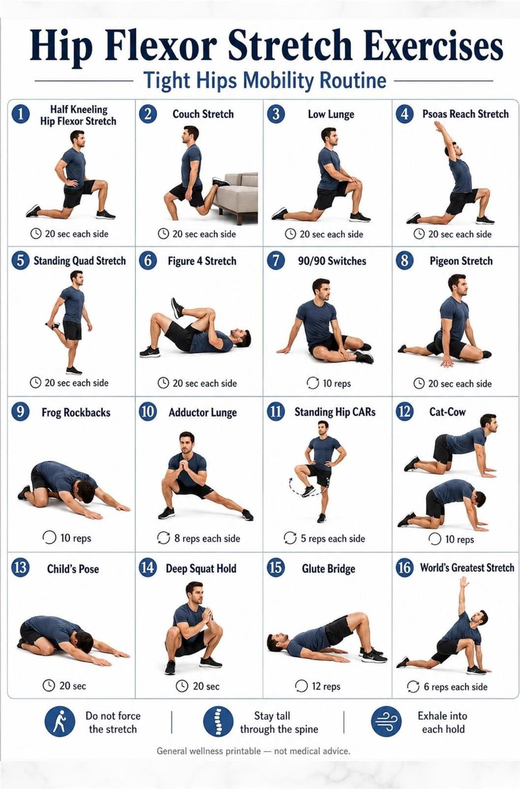 Hip Flexor Exercise Poster Mobility Stretch Chart, Practical guide for ...