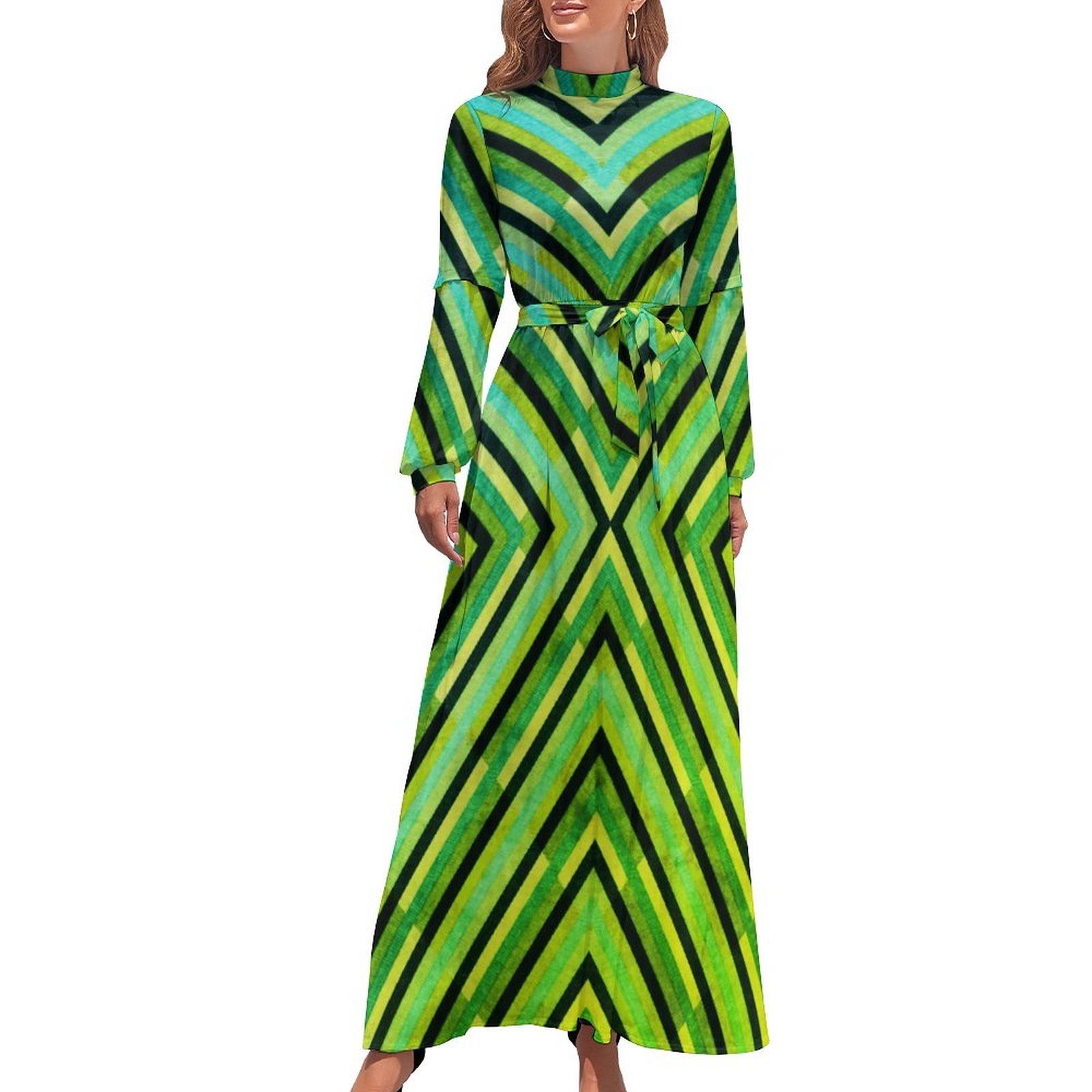 chinese dress ladies Long Sleeve Elastic V Neck Abstract Print Dress