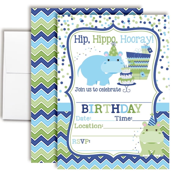 Hip Hippo Hooray Hippopotamus Birthday Invitations for Kids, 20 Fill-In Cards with Envelopes, 5x7 Children's Party Invitations, Birthday Party Supplies, Made in USA by Amanda Creation