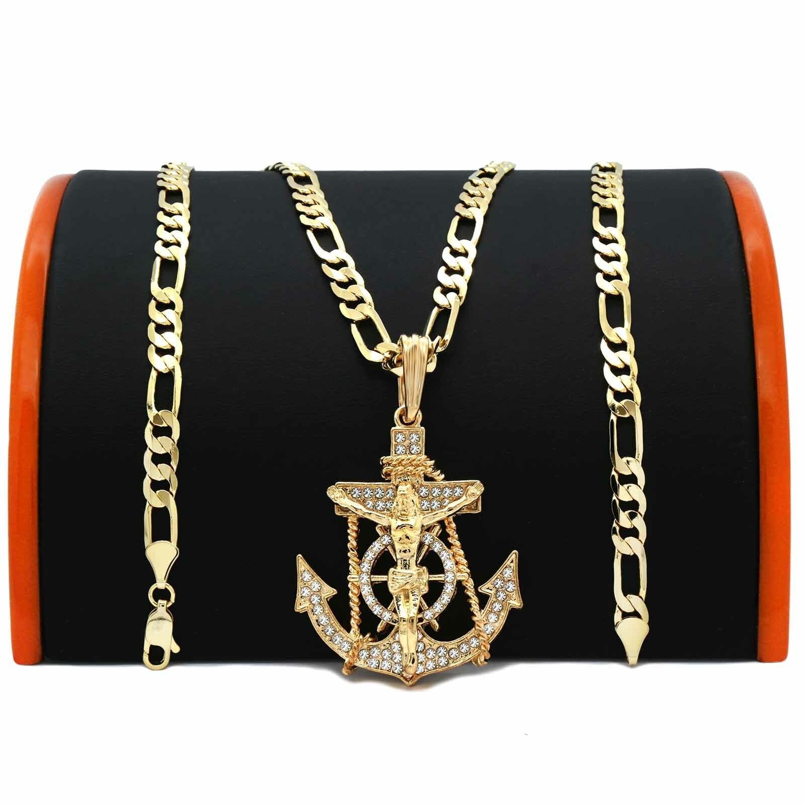 MAXBLING81 Hip Hop 14K Gold Plated Jesus Anchor Pendant Cubic-Zirconia 5mm 24" 14K Stamped Brass Figaro Chain